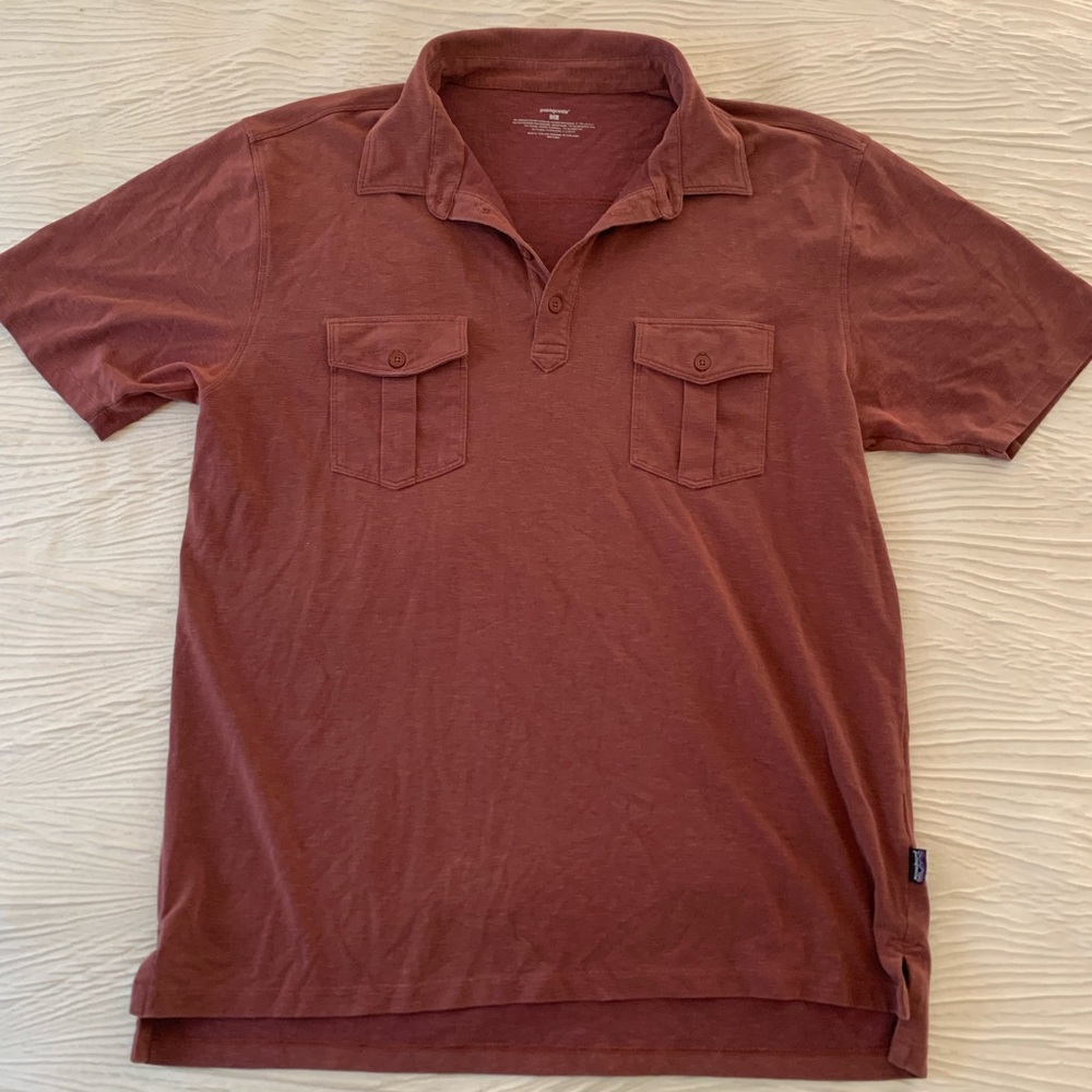 Patagonia Brick Red Lyocell/Cotton Blend lightweight Polo shirt, size M